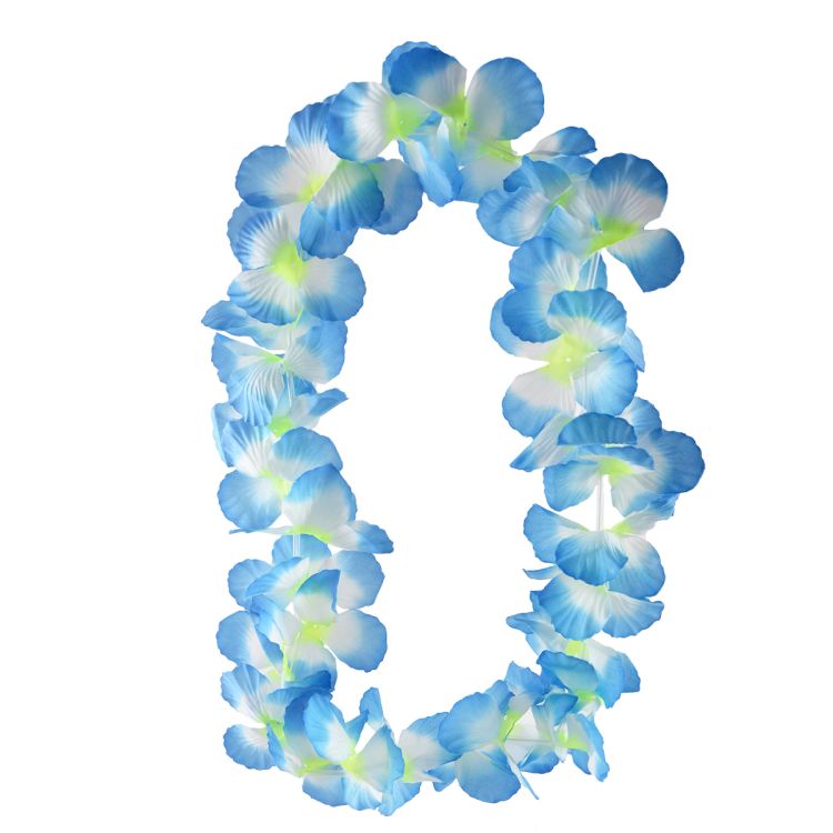 Ghirlanda hawaiana cu floricele colorate in bleu, alb si verde