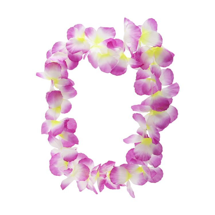 Ghirlanda hawaiana cu floricele colorate in mov, alb si galben