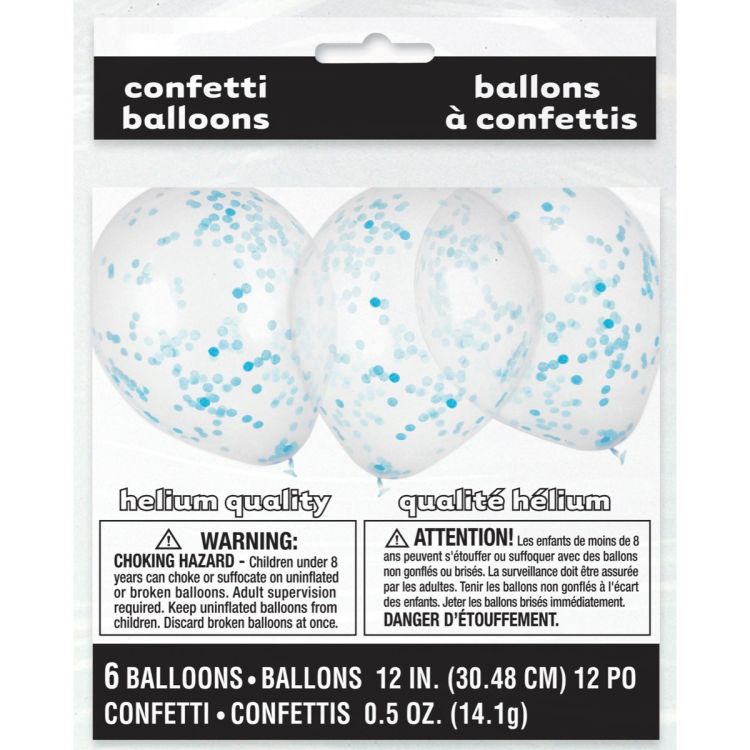6 baloane transparente cu confetti bleu - 30.5 cm