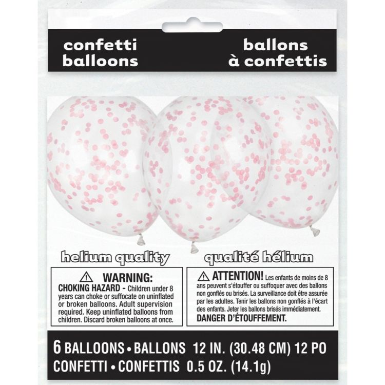 6 baloane transparente cu confetti roz - 30.5 cm