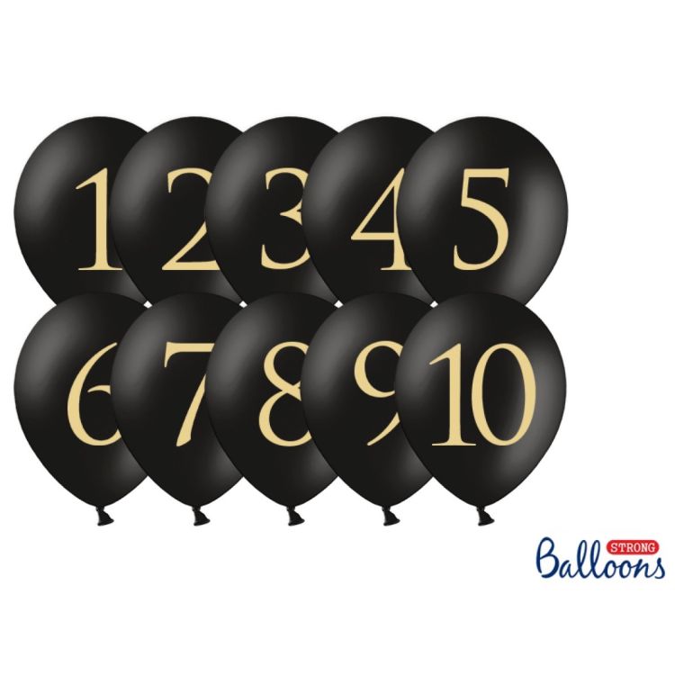10 baloane negre cu cifre aurii - 30 cm