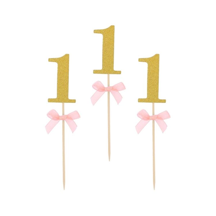 10 decorațiuni cifra 1 cu fundiță roz