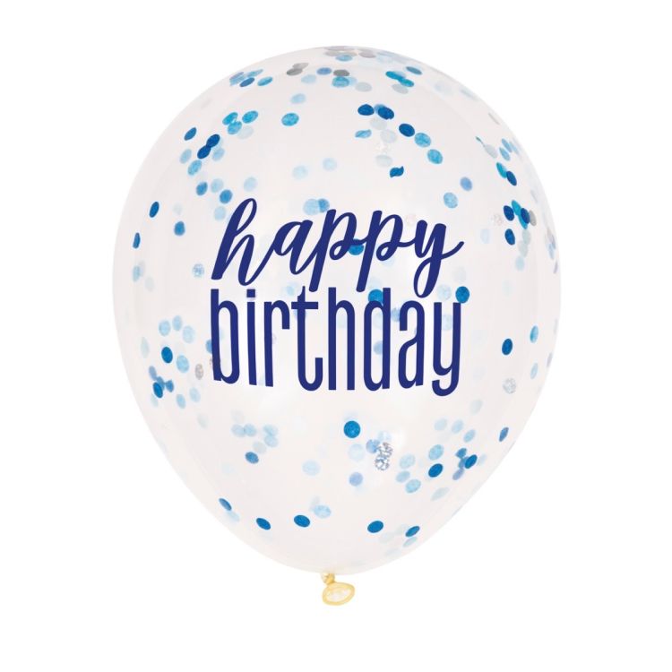 6 baloane Happy Birthday cu confetti bleu - 30 cm