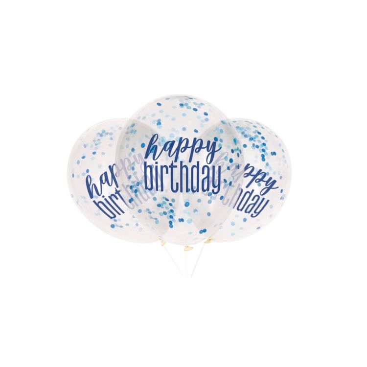 6 baloane Happy Birthday cu confetti bleu - 30 cm