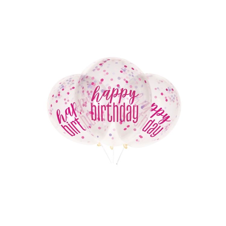 6 baloane transparente Happy Birthday cu confetti roz- 30 cm