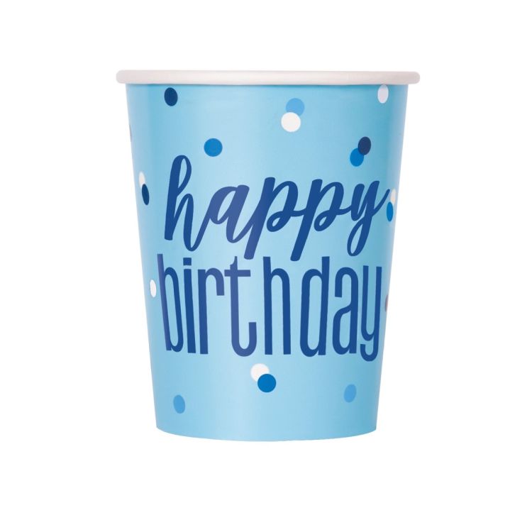 8 Pahare Happy Birthday cu bleu - 266 ml