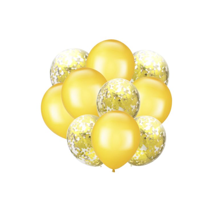 10 baloane transparente și galbene cu confetti