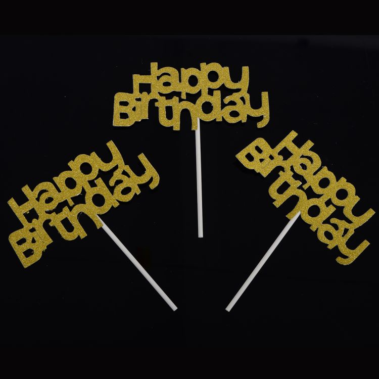 3 Bețișoare decorative Happy Birthday cu auriu