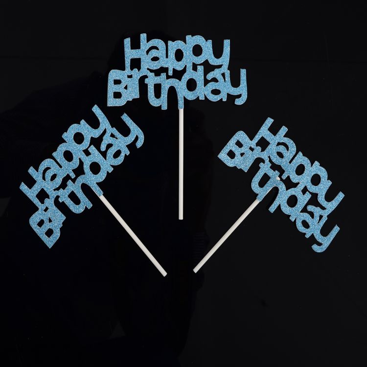 3 Bețișoare decorative Happy Birthday cu bleu