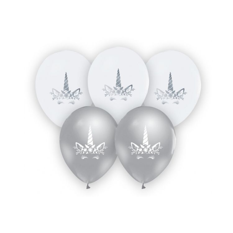 5 baloane albe și argintii cu Unicorn - 30 cm	