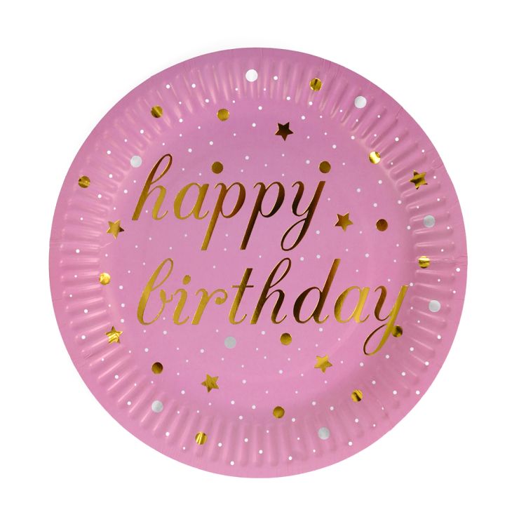 6 Farfurii roz Happy Birthday - 18 cm