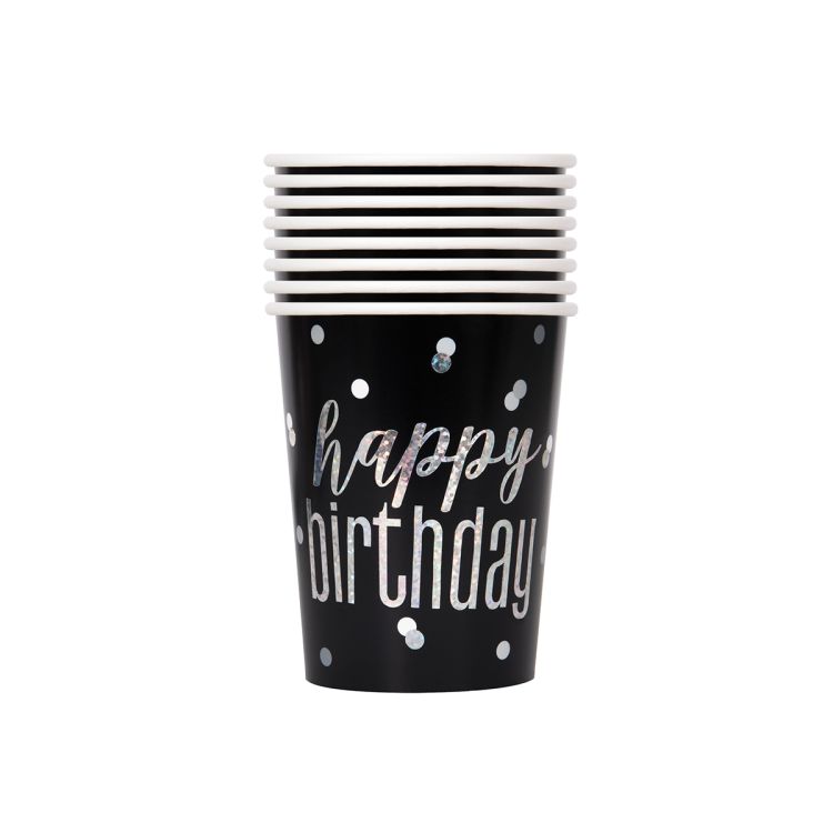 8 pahare negre Happy Birthday - 266 ml