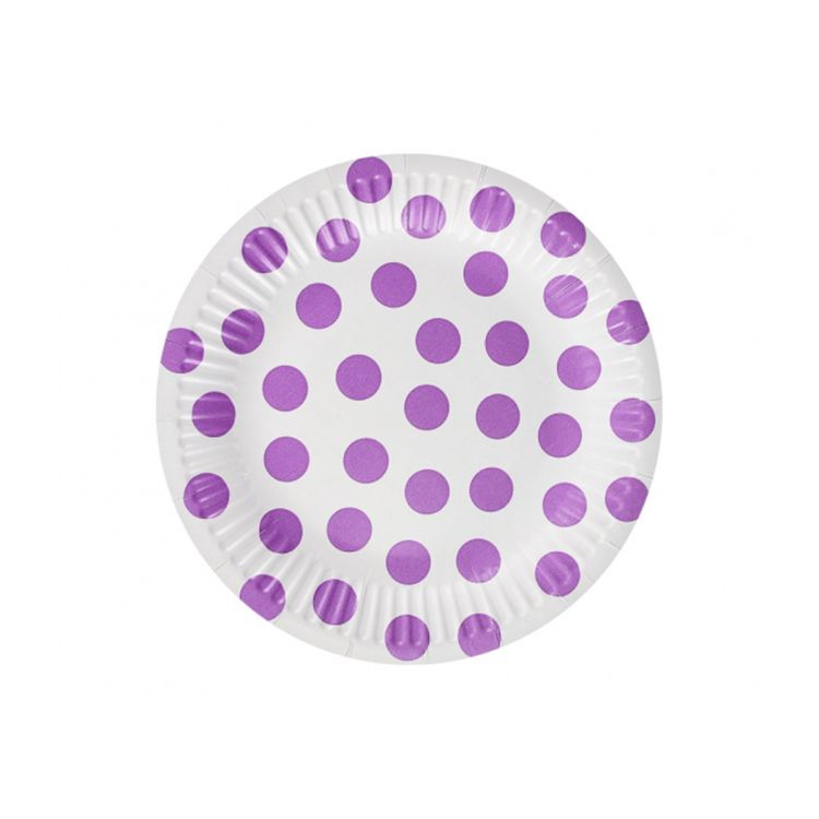 6 farfurii albe cu buline mov - 18 cm