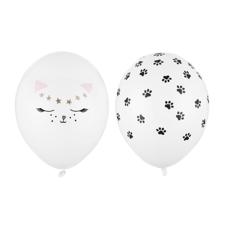 10 baloane albe cu imprimeu pisicuta - 30 cm