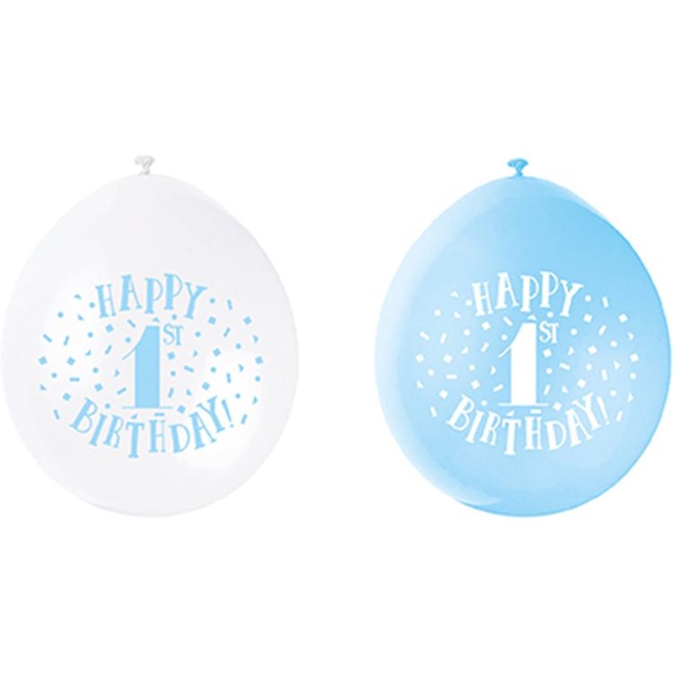 10 baloane prima aniversare bleu -alb - 22 cm