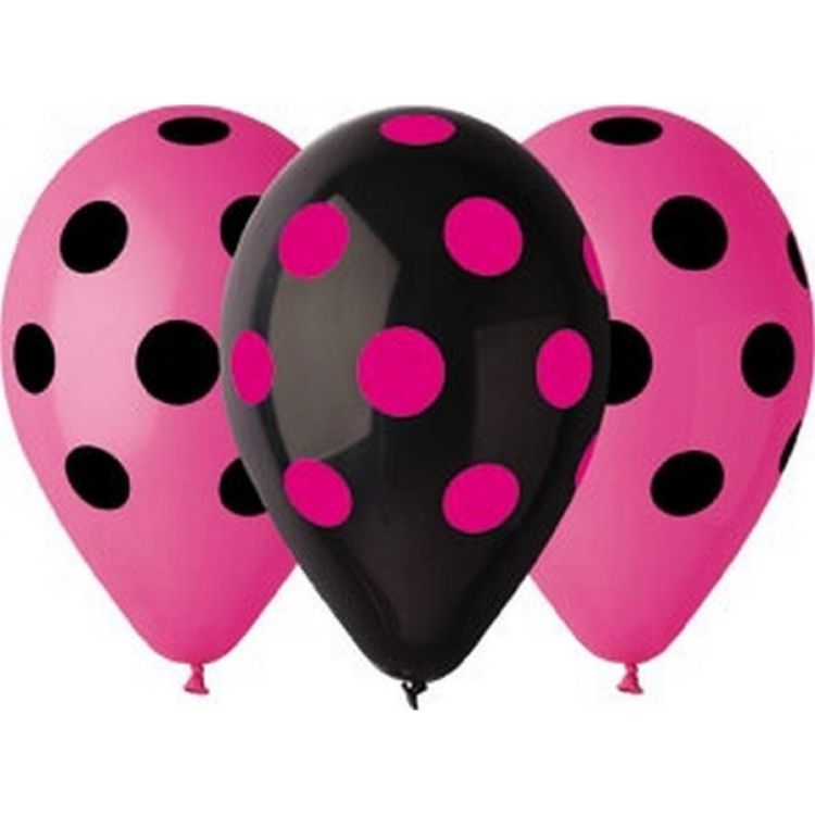 5 baloane roz- negru cu buline - 30 cm	