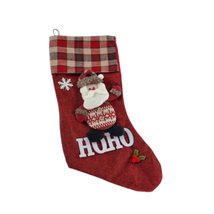 Ciorap Crăciun Premium „HOHO” – Model Rustic cu Moș Tricotat și Tartan