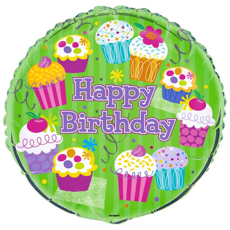 Balon Folie Rotund "Happy Birthday" verde cu Brioșe Colorate 45 cm