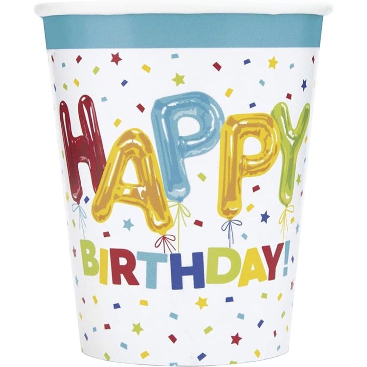 8 Pahare Happy Birthday cu Confetti