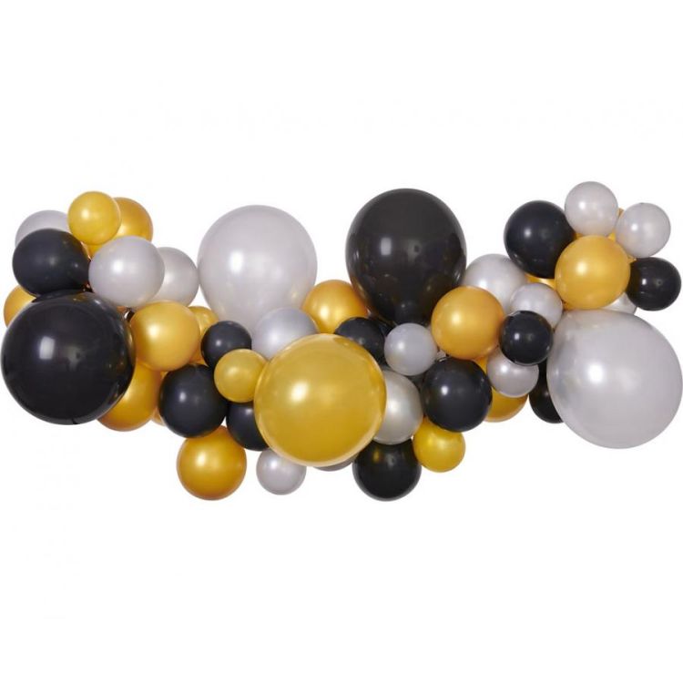 Ghirlandă cu baloane argintii-aurii și negre