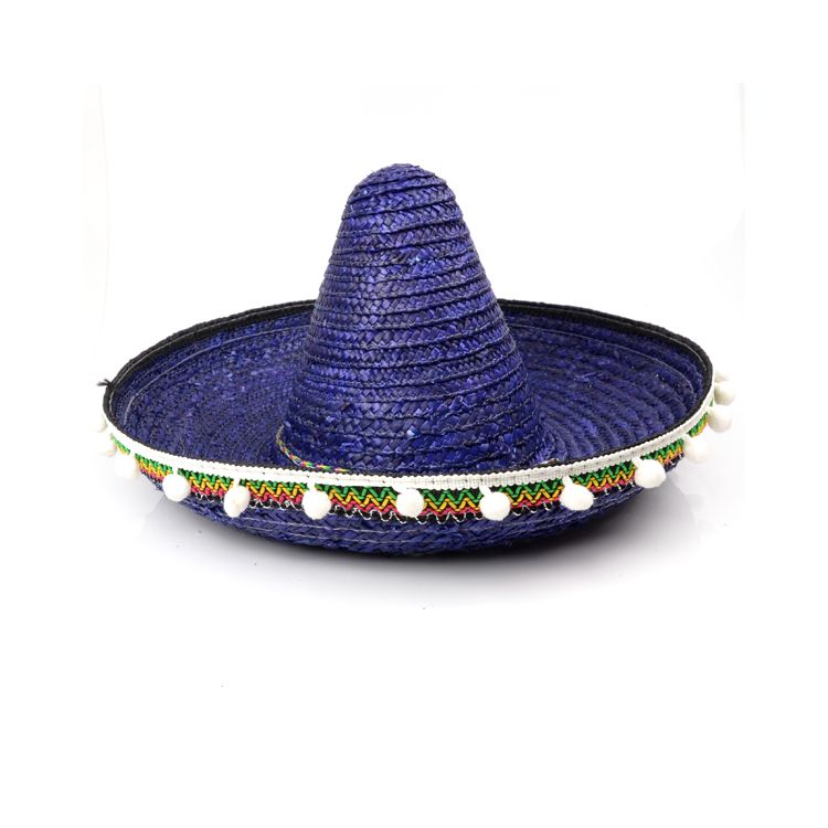Sombrero mexican albastru cu ciucuri albi