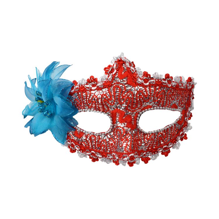 Masca venetiana rosie cu floare albastra
