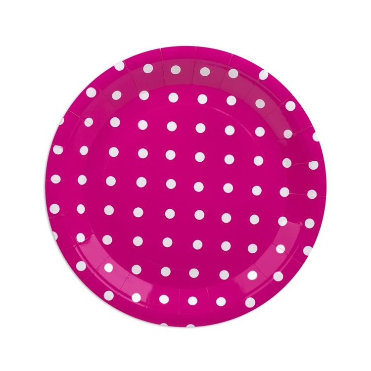 Farfurii roz inchis cu buline din carton plastifiat de 23 cm la set de 10 farfurii party