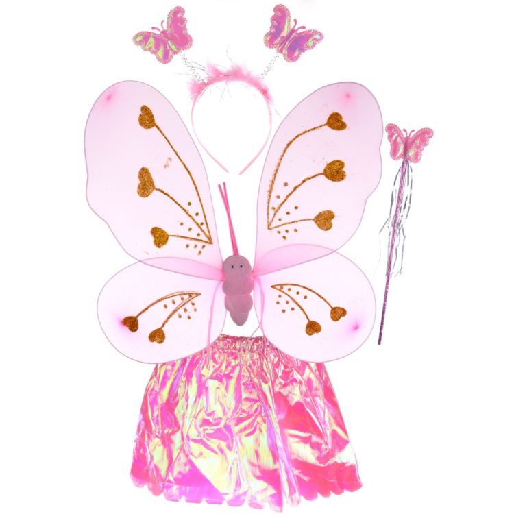 Aripi de fluture roz cu sclipici auriu, fusta si accesorii