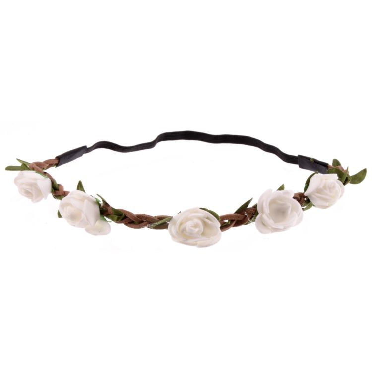 Coronita elastica hippie cu trandafiri albi